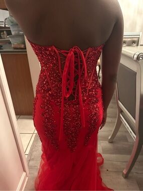Strapless Red Lace-Up Sequin Evening Dress